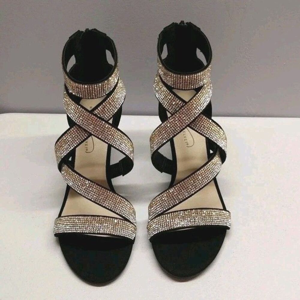 Rhinestone Strappy Heels Black Evening Formal Party Sandal Zip Stiletto 7